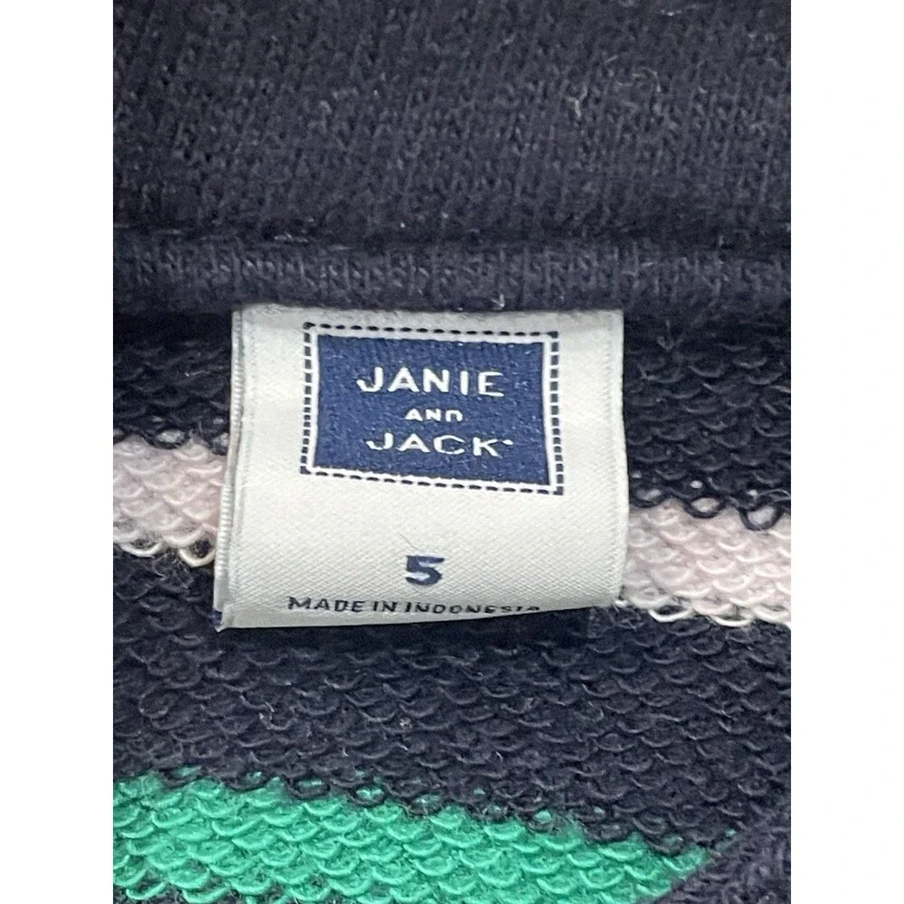 Janie & Jack Navy Blue Green White Striped Long Sleeve Dress Girls Size 5